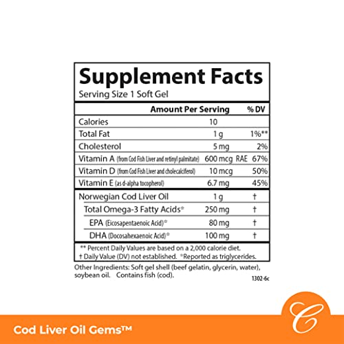 Carlson Laboratories Cod Liver Oil Gems, Super 1,000, 360 mg Omega-3s, 250 Soft Gels