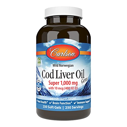 Carlson Laboratories Cod Liver Oil Gems, Super 1,000, 360 mg Omega-3s, 250 Soft Gels