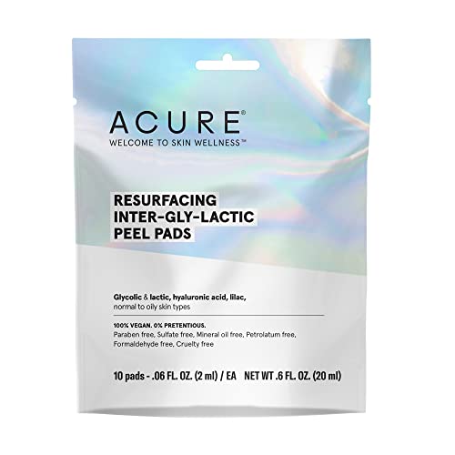 Acure Resurfacing Inter-Gly-Lactic Peel Pads | 100% Vegan | Clarifying & Calming For Normal To Oily Skin Types | With Hyaluronic Acid & Lilac | 10 Count