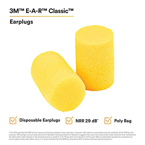 3M Ear Plugs, 200 Pairs/Box, E-A-R Classic 312-1201, Uncorded, Disposable, Foam, NRR 29, For Drilling, Grinding, Machining, Sawing, Sanding, Welding, 1 Pair/Poly Bag