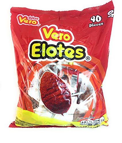 Vero Elote, Chili Covered Strawberry Acidulated Lollipops, 40 Pieces, Artificially Flavored