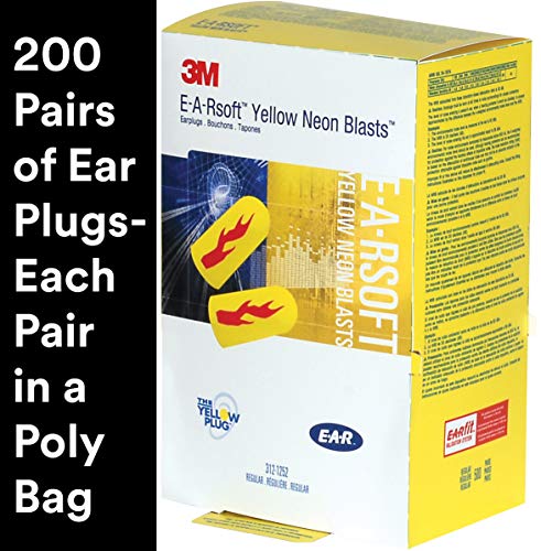 3M E-A-Rsoft Yellow Neon Blasts Uncorded Earplugs, Hearing Conservation 312-1252 in Poly Bag Regular Size, 200-Count Box